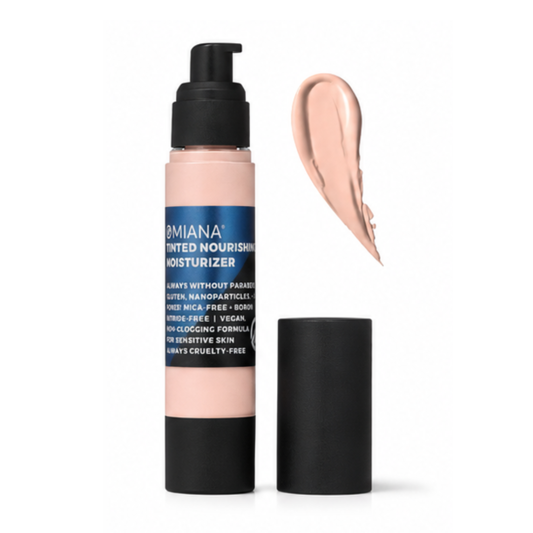 Omiana Cool Fair Tinted Nourishing Moisturizer for fair skin with cool pink undertones shown with matching shade swatch.