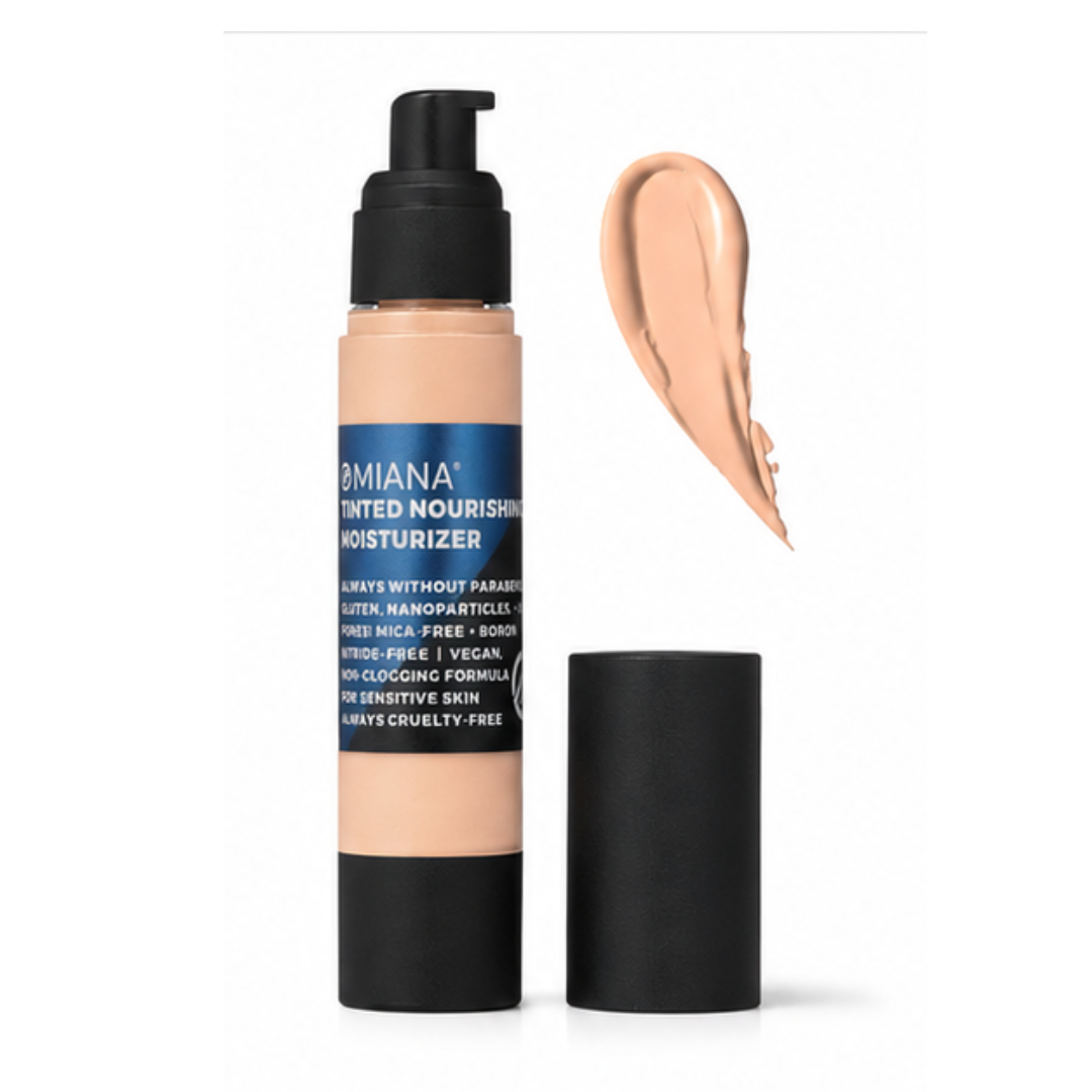 Omiana Light Ivory Tinted Nourishing Moisturizer for fair to light skin with neutral cool undertones shown with matching shade swatch.