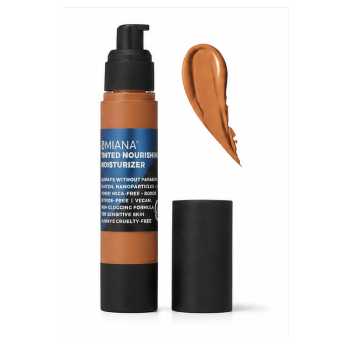Omiana Medium Neutral Tinted Nourishing Moisturizer for medium skin with balanced neutral undertones shown with matching shade swatch.