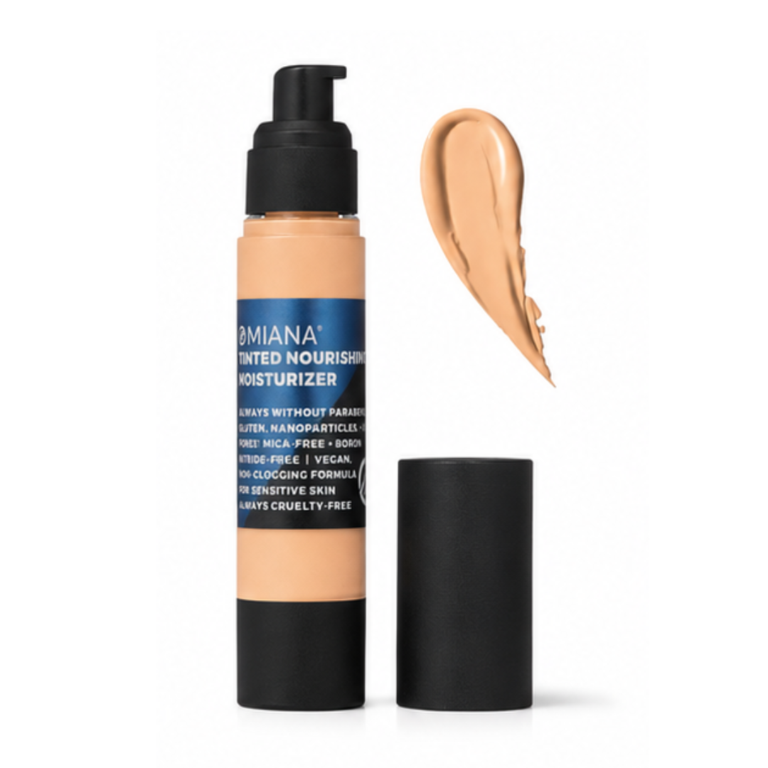 Omiana Soft Beige Tinted Nourishing Moisturizer for light to medium skin with balanced neutral undertones shown with matching shade swatch.